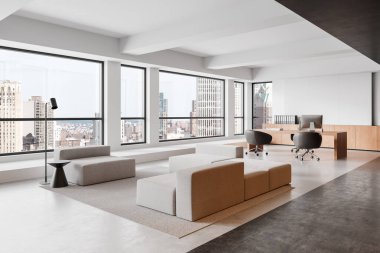 Geniş pencereli parlak ofis içi şehir manzarası, tarafsız tonlarda modern mobilyalar ve profesyonel bir açık alan sergiliyor. Modern iş yeri tasarımı kavramı. 3B Hazırlama.