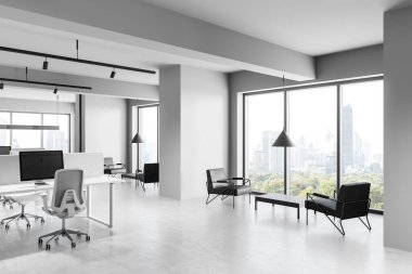 Gösterişli modern ofis içi açık alanlar, beyaz duvarlar, çalışma istasyonları, oturma odaları, şehir manzarası gösteren büyük pencereler. Parlak iş konsepti. 3B Hazırlama.