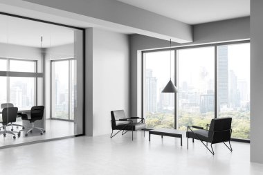 Geniş, modern ofis içi cam duvarlar, geniş pencereler, şehir manzarası, beyaz zeminde çok az mobilya. İş konsepti. 3B Hazırlama.