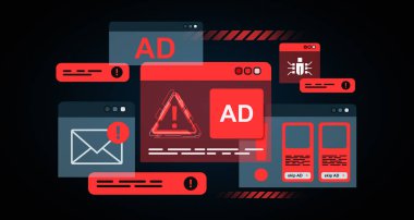 Çevrimiçi siber güvenlik tehditlerini vurgulayarak çoklu kırmızı alarm, uyarı simgeleri ve dijital arayüzdeki reklamları gösteren grafikler. 3B Hazırlama