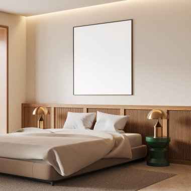 Açık bej renkli bir duvarda, bej çarşaflı, ahşap aksanlı ve altın lambalı temiz bir yatağın üzerinde boş bir tuval sergileniyordu. Zarif bir iç mekan. 3B Hazırlama.