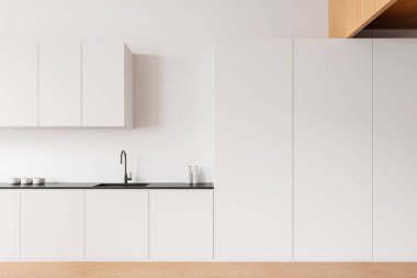 Minimalist mutfak içi gösterişli beyaz dolaplar, musluk, tezgah, ahşap aksanlar ve doğal ışık. Modern ev kavramı. 3B Hazırlama.