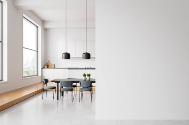 Boş beyaz duvarı, gri sandalyeleri, kolye lambaları ve arka planda minimalist mutfağı olan modern yemek alanı. İç tasarım kavramı. 3B Hazırlama.