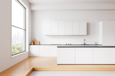 Beyaz dolapları, ahşap döşemeleri ve şehir manzarasını gösteren geniş bir penceresi olan modern mutfak. Minimalist tasarım kavramı. 3B Hazırlama.