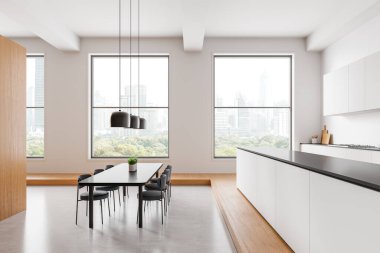 Yemek alanı olan çağdaş mutfak tasarımı, şehir manzarasına bakan geniş pencereler, modern mobilyalar, ve temiz, minimalist dekorlar. 3B Hazırlama.