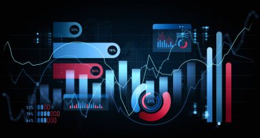 Koyu arkaplanda renkli çubuk grafikler, turta grafikleri ve analizlerin yer aldığı soyut dijital arayüz. Veri görselleştirme kavramı. 3B Hazırlama.