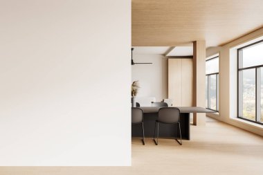 Ahşap aksanlı ve geniş pencereli modern bir yemek alanının yanındaki boş duvar, sanat veya poster modelleri için ideal. Minimalist iç konsept. 3B Hazırlama.