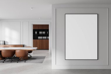 Pürüzsüz bir ofis içinde, minimalist dekor, kahverengi sandalyeler ve modern beyaz duvar arkaplanı olan boş bir poster şablonu. 3B Hazırlama