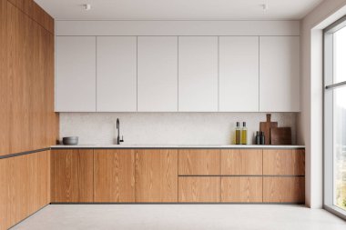 Modern mutfak içi parlak ahşap dolaplar, beyaz dolaplar, mermer kaplama ve temiz minimalist dekorlar. Parlak doğal ışık, lüks ev tasarımı kavramı. 3B Hazırlama.