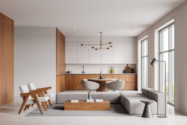 Modern mutfak ve oturma odası ahşap dolaplar, beyaz duvarlar, gri mobilyalar ve doğal ışıkla parlayan minimalist dekorlar. 3B Hazırlama.