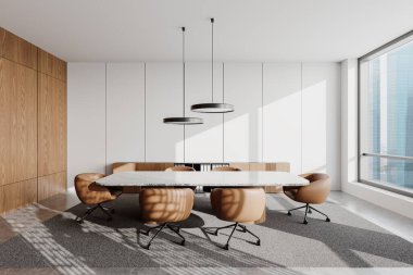Çağdaş toplantı odasında bej sandalyeler, beyaz duvarlar, mermer masa, ahşap paneller, kolye ışıkları, halı döşeme, şehir manzarası, modern tasarım. 3B Hazırlama.