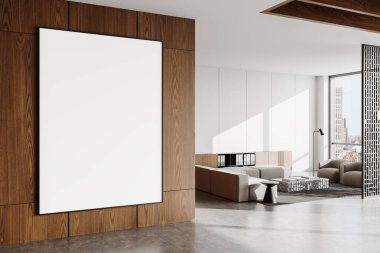 Ahşap duvarda boş bir poster, modern, zarif iç mimari mobilyalar, parlak doğal ışık ve şehir manzaralı. 3B Hazırlama