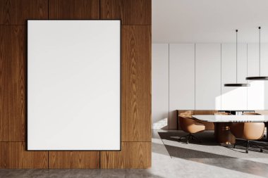 Ofis içi içi ahşap duvarda boş poster, açık alanda modern mobilyalar, güneş ışığı içeri akıyor, rahat bir iş arkadaşı tasarımı, 3 boyutlu oluşturma