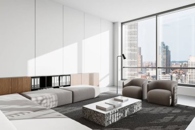 Geniş pencereli, modern mobilyalı, tarafsız tonlu ve şehir manzaralı çağdaş ofis içi. Parlak, açık uzay konsepti. 3B Hazırlama.