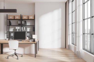 Ahşap bir masa, sandalye, kutu ve klasörlü raflar, büyük pencereler ve temiz beyaz bir arka plan içeren parlak modern ofis. 3B Hazırlama.