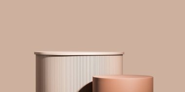 Silindirik ve tırtıklı dokulara sahip minimalist bej podyumlar, nötr bir zemin üzerine yerleştirilmiş, ürün gösterisi veya zarif sunumlar için ideal. 3B Hazırlama.