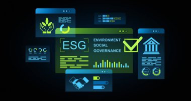 Çevresel, sosyal ve yönetim unsurlarını karanlık bir arkaplanda gösteren dijital tablolar, simgeler ve grafiklerle betimlenen ESG konsepti. 3B Hazırlama.