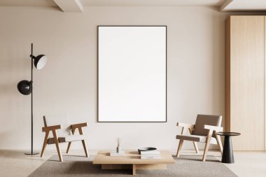 Minimalist çerçeveli poster modeli parlak oturma odasının içinde bej duvarlar, ahşap mobilyalar ve zemin lambası var. Kopya alanı kavramı. 3B Hazırlama.