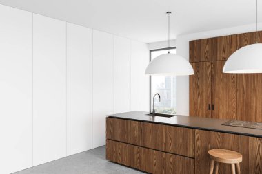 Çağdaş mutfak, ahşap dolaplar, minimalist beyaz duvarlar, kolye ışıkları ve şehir manzaralı arka plan. Modern ev konsepti. 3B Hazırlama.