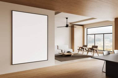 Duvarında boş çerçeveli bir poster olan minimalist bir oda, ahşap dekor, modern mobilya ve büyük pencereler. Sanat eseri ya da tasarım şablonu. 3B Hazırlama.