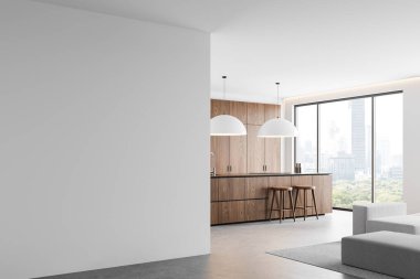 Ahşap bir mutfağı, geniş pencereleri ve arka planında şehir manzarası olan parlak, modern bir iç mekanı olan boş beyaz bir duvar. Minimalist tasarım konsepti. 3B Hazırlama.