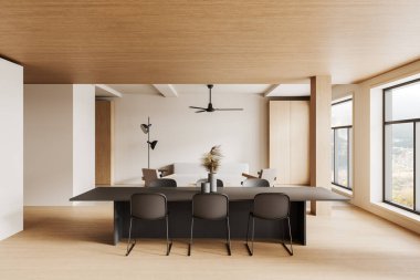 Çağdaş yemek ve yaşam alanı, ahşap tavan ve zemin, parlak mobilyalar ve büyük pencereler. Modern ev dekorasyonu kavramı. 3B Hazırlama.