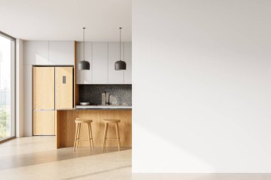 Minimalist kitchen interior with wooden cabinets, stools, and blank white wall. Bright natural light, modern home decor, template concept. 3D Rendering. clipart