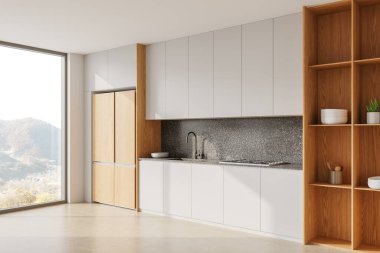 Zarif dolapları, ahşap rafları ve geniş bir penceresi olan minimalist bir mutfak. Parlak bir iç mekan ve doğadan esinlenilmiş bir manzara. 3B Hazırlama