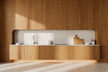 Modern mutfak içi ahşap dolaplar, mermer tezgah, minimalist düzenleme ve sıcak güneş ışığı. Samimi iç mekan kavramı. 3B Hazırlama.
