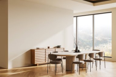 Modern yemek odası oval taş masa, sandalyeler, ahşap büfe, büyük pencere, doğal ışık ve ahşap döşeme. Minimalizm kavramı. 3B Hazırlama.