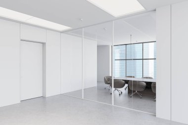 Çağdaş ofis alanı, cam duvarlar, minimalist bir tasarım, sandalyeler ve parlak bir ortamda bir masa. Modern çalışma alanı kavramı. 3B Hazırlama.
