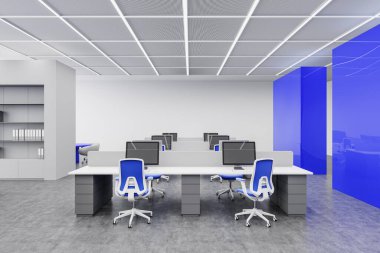 Beyaz masalar, mavi sandalyeler, gri zemin ve mavi cam bölümler, modern çalışma konsepti, parlak ışıklandırma, 3D görüntüleme