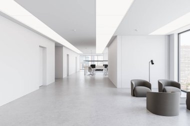 Geniş modern ofis, açık alan, beyaz duvarlar ve minimalist mobilyalar. Büyük pencereler iş ortamına doğal ışık getiriyor. 3B Hazırlama.