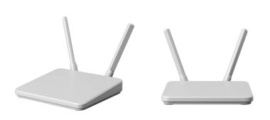 Beyaz arkaplanda üç boyutlu görüntülenmiş iki antenli beyaz kablosuz yönlendirici. Kablosuz internet ve teknoloji aygıtları kavramı