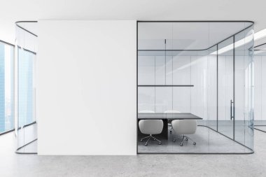 Parlak, açık bir ofis içinde cam duvarlı, modern sandalyeli ve gri zeminde masası olan bir toplantı odası. Minimalist, açık uzay tasarımı. 3B Hazırlama.