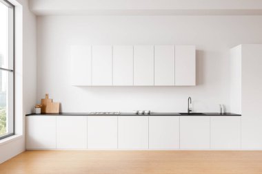 Tezgahı temiz ve modern tasarımı olan beyaz mutfak dolapları, ahşap döşeme, parlak iç mekan, minimalist ev konsepti. 3B Hazırlama.