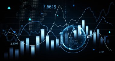 Finansal veri görselleştirmesi çubuk grafiklerini, çizgi çizelgelerini ve dijital arayüz arka planına karşı parlayan bir küreyi gösteriyor. Piyasa eğilimleri kavramı. 3B Hazırlama.