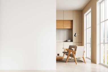 Minimalist oturma odası, ahşap mobilyalar, solunda beyaz bir duvar ve parlak pencereler. Modern iç tasarım, tasarım modeli için mükemmel. 3B Hazırlama.