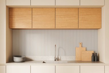 Ahşap dolaplı şık mutfak, çizgili arka fıskiye, musluk ve tezgah aksesuarları. Minimalist tasarım. 3B Hazırlama