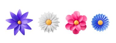 Canlı çiçekler, mor, beyaz, pembe, mavi yapraklar, sarı merkezler, beyaz arka planda izole edilmiş. Doğa kavramı, çiçek dekorasyonu. 3B Hazırlama.