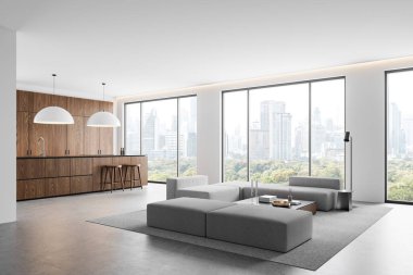 Geniş modern oturma odası ve mutfak, ahşap dolaplar, gri mobilyalar, geniş pencereler, parlak bir arka plan. İç mekan kavramı. 3B Hazırlama.