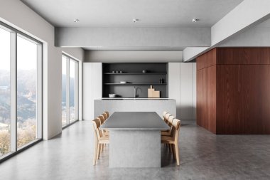 Gri mobilyaları, ahşap aksanları, geniş pencereleri ve çağdaş estetiği olan modern mutfak. 3B Hazırlama