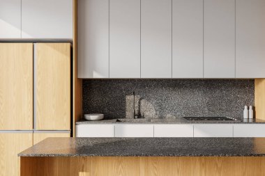 Benekli gri tezgahlı, ahşap dolaplı şık mutfak vitrinleri. Parlak ve modern iç tasarım konsepti. 3B Hazırlama