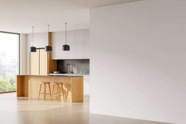 Modern mutfak içi ahşap mobilyalar, asılı ışıklar, tasarım için boş beyaz duvar, ve büyük pencere. 3B Hazırlama