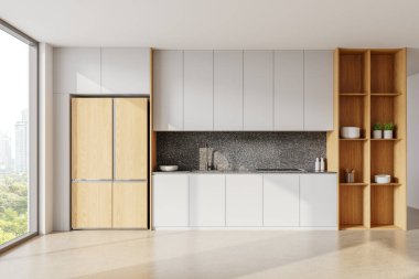 Beyaz dolaplar, ahşap raflar, parlak aletler ve şehir manzaralı parlak bir odada terrazzo arka planıyla şık bir mutfak. 3B Hazırlama