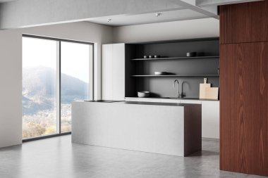 Çağdaş mutfak, parlak mobilyalar, açık raflar, ve büyük pencereler, gri ve ahşap tonlarda. 3B Hazırlama