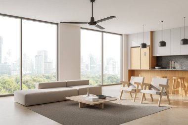 Minimalist oturma odası, tarafsız mobilyalar, ahşap aksanlar ve şehrin manzarasını gösteren büyük pencereler. Modern iç tasarım konsepti. 3B Hazırlama