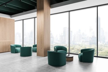 Yeşil sandalyeli şık bir ofis salonu, minimalist ahşap bir tasarım, beton döşeme ve panoramik şehir manzarası. 3B Hazırlama