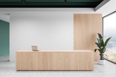 Bilgisayarlı minimalist ahşap resepsiyon masası, parlak modern iç mekanda saksı bitkisi, beyaz duvar, büyük pencere, temiz tasarım kavramı. 3B Hazırlama.