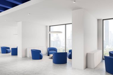 Çağdaş beyaz ofis içinde mavi koltuklar, kentsel ufuk çizgisi gösteren geniş pencereler, minimalist stil, modern çalışma alanı kavramı. 3B Hazırlama.
